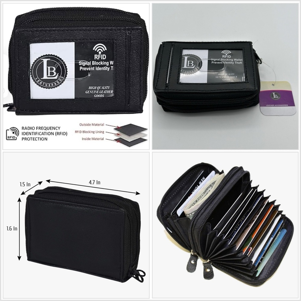 Leather Wallet Indexer Safe Keeper Lock Identity Shield RFID Black White NWT